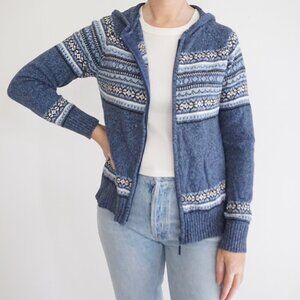 Vintage Jenny Buchanan Blue White Fair Isle Knit Hooded Zip Sweater Cabincore M